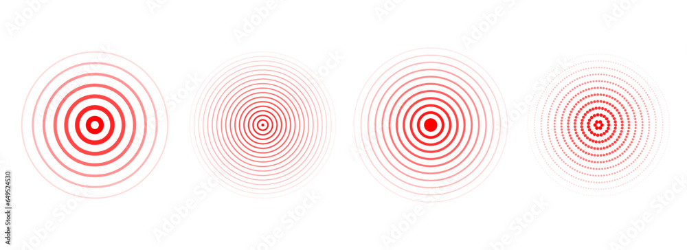 Poster red concentric ripple circles set. sonar or sound wave rings collection. epicentre, target, radar ic