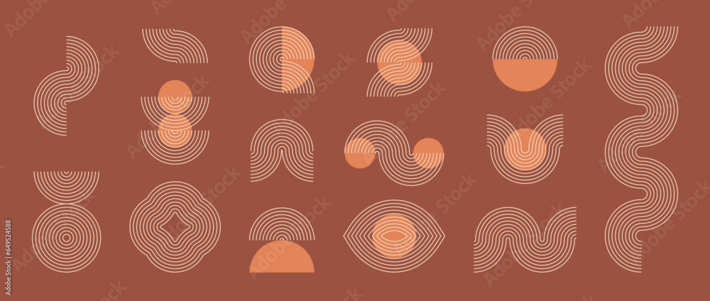 Aufkleber Boho style linear element collection. Terracotta wave forms frame design. Bohemian decorative ornamental border shapes for badge, icon, poster, banner, template. Vector bundle