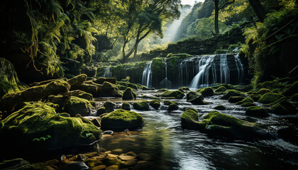 Tranquil scene flowing water, green trees, wet rocks, nature beauty generated by AI