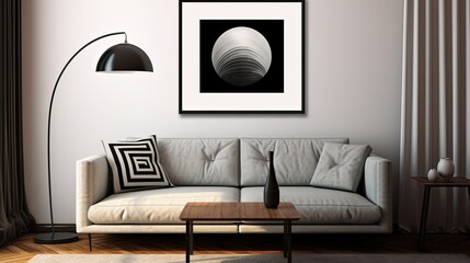 Stylish interior of living room with mock up geometric minimalistic art, wooden commode, book, leaf in ceramic vase and elegant personal accessories. Minimalist concept of home decor. Template.	