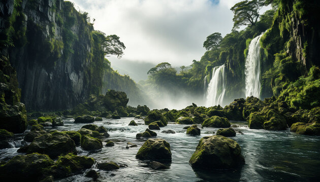 Majestic mountain, flowing water, tranquil scene, natural beauty, non urban generated by AI
