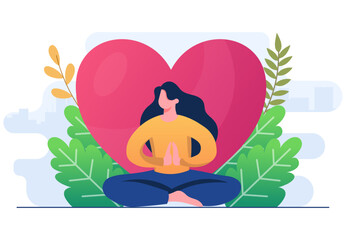 Happy International Yoga Day flat illustration vector template, Woman meditating on leaves background, Healthy lifestyle, Yoga, Meditation, Relaxation, People exercising healthy lifestyle