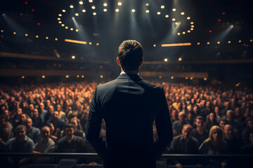 Back view of motivational speaker standing on stage in front of audience speaking to crowd for motivation speech on conference or business event