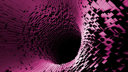 Pink and red tunnel without light. Design. A fast-moving tunnel of bright color made in abstraction.