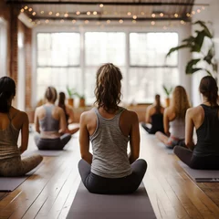 Tuinposter Women exercising in fitness studio yoga classes © digitizesc