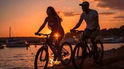 Fototapeten Happy couple having fun riding bikes together on the beach at sunset, cheerful young couple in love enjoy cycling along the beach at sunset © AspctStyle