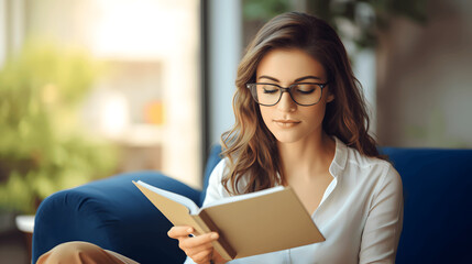 Young woman with eyeglasses enjoy reading book at home in living room - obrazy, fototapety, plakaty