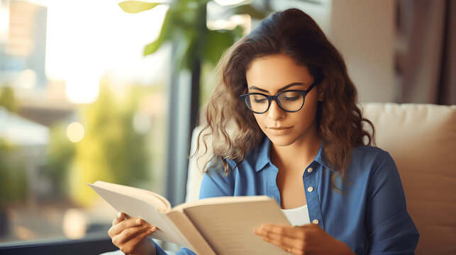 Young woman with eyeglasses enjoy reading book at home in living room