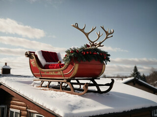 santa claus sleigh over the roof - obrazy, fototapety, plakaty