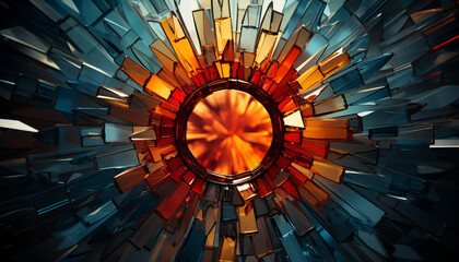 Abstract stained glass window illuminates modern architecture with vibrant colors generated by AI