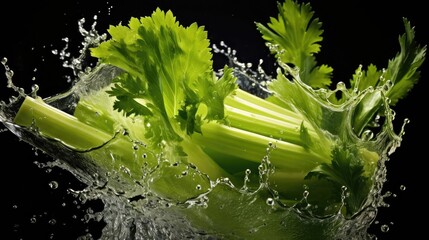 Fresh green celery exposed to water splash on black background and blur