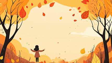 A whimsical and minimalistic cartoon template capturing the essence of autumn with playful, vibrant colors and elements like falling leaves