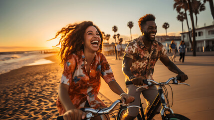 Happy couple having fun riding bikes together on the beach at sunset, cheerful young couple in love enjoy cycling along the beach at sunset