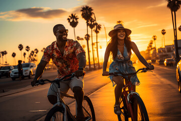 Happy couple having fun riding bikes together on the beach at sunset, cheerful young couple in love enjoy cycling along the beach at sunset - Powered by Adobe