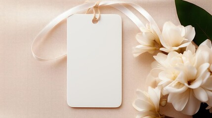 white blank tag with a rope for mockup on cream color background