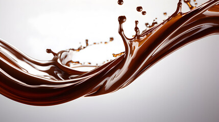 Vivid and dynamic capture of a chocolate splash frozen in time, resembling high-speed photography. Visualize thick, velvety chocolate with a glossy sheen bursting forth,