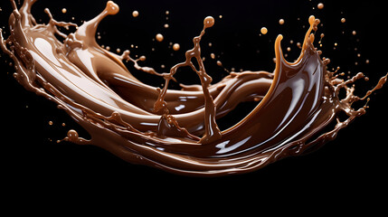 Vivid and dynamic capture of a chocolate splash frozen in time, resembling high-speed photography. Visualize thick, velvety chocolate with a glossy sheen bursting forth,