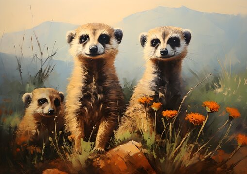 Three Meerkats in the forest jungle, oil painting, hyperrealism, wallpaper, wall art, printable, HD, landscape