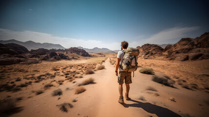 Fototapeta na wymiar Backpacker man carrying a backpack walking in the desert alone dry road It is barren and hot, along with the mountains and the sky during the day.