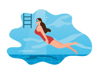 Underwater vector illustration. Underwater world. A woman diving under the sea.