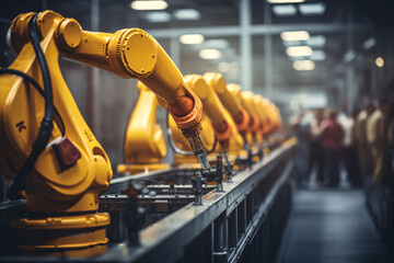 Yellow assembly robot. Futuristic high-tech innovation of technology in the product manufacturing industry. The work of machines replacing humans with AI robots. - obrazy, fototapety, plakaty