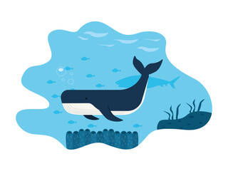 Underwater vector illustration. Underwater scenery with whale, coral and seaweed. Underwater world.