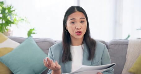 Wave, video call and Asian woman on sofa for job interview, virtual conference or networking for remote work. Hello, hr paperwork or online meeting with girl in home office for webinar consultation.