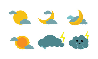 Weather illustration with cloud, sun, moon, rain and flash air condition