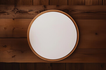 Top View of Wooden Circle Ornament Mock-Up on Wooden Table