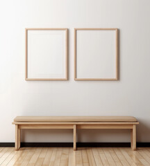 Minimalist Wall Art Mock-Up with Two Frames, White Wall, and Long Bench