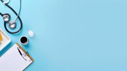 Creative flatlay of doctor medical equipment blue
