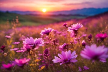 Fototapeta na wymiar Vivid wildflower meadow creating a floral backdrop, picturesque scenery adorned with shades of purple and pink blooms, illuminated by the setting sun with a softly blurred backdrop.