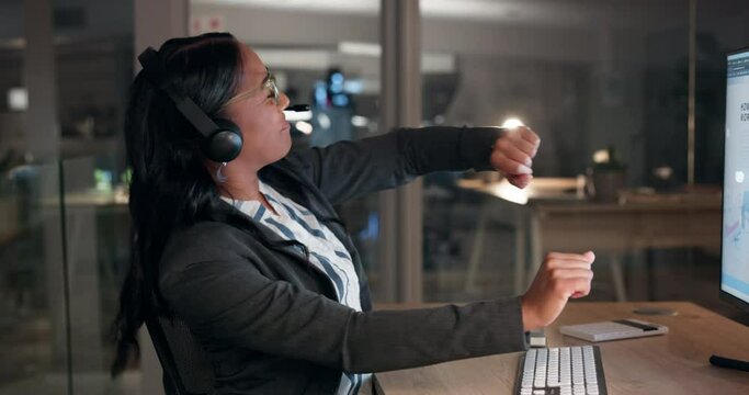 Call center office, celebration dance and happy woman having fun night, excited and cheers for customer care success. Ecmmerce winner, dancer energy and consultant scream for bank service achievement