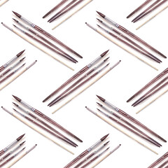 Seamless pattern of watercolor tool paint brush isolated on white background. Artist creative hand-drawn artwork for sketchbook. Art for wrapping or wallpaper. Creative element for coloring book