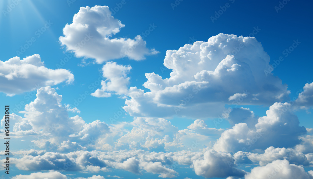 Poster Fluffy cumulus clouds float in the clear blue sky generated by AI