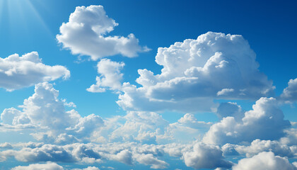 Naklejka na ściany i meble Fluffy cumulus clouds float in the clear blue sky generated by AI