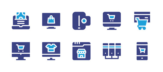 Ecommerce icon set. Duotone color. Vector illustration. Containing broswer, server, ecommerce, online shopping, laptop, online shop, web page, online payment.