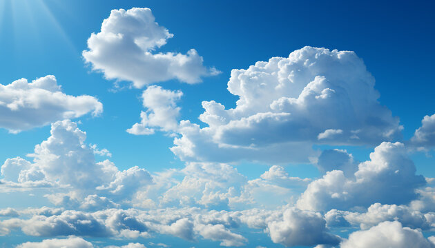 Fluffy cumulus clouds float in the clear blue sky generated by AI