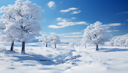 Winter landscape snow covered trees, tranquil scene, beauty in nature generated by AI