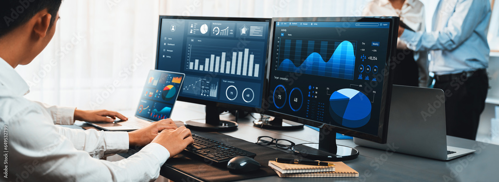 Poster analyst working on data analysis or bi dashboard on computer monitor. business team analyzing financ
