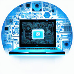 Laptop surrounded by a blue circuit board background representing technology, Generative AI