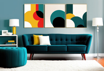 Teal themed living room space with a retro couch, and ottoman, Generative AI