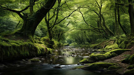 green forest with tree and stream. nature scene background concept