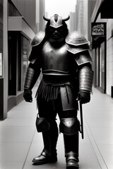 Black and white portrait of a Beastly Warrior Knight standing in an alley, Generative AI
