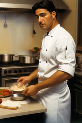 Olive skinned male chef in the middle of cooking a meal, Generative AI