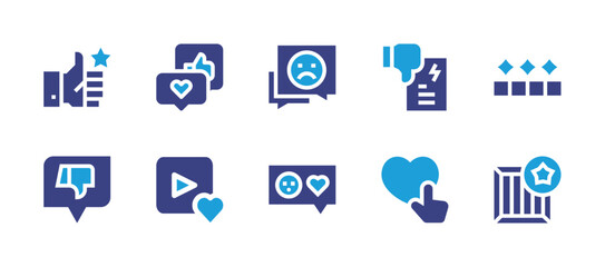 Feedback icon set. Duotone color. Vector illustration. Containing like, bad review, favorite, acknowledgement, smileys, dislike, complaint, rating, love, satisfaction.