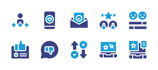 Feedback icon set. Duotone color. Vector illustration. Containing rating, appraisal, star, like, review, thumb down, customer satisfaction, best customer experience.