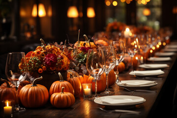 Thanksgiving table setting with pumpkins and candles - Powered by Adobe