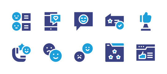 Feedback icon set. Duotone color. Vector illustration. Containing rating, smileys, love message, good review, survey, satisfaction, good comment, review, award, thumbs up.