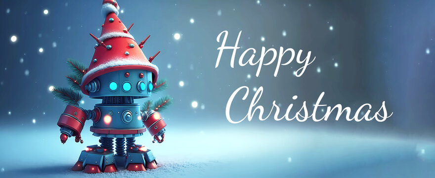 Cartoon Robot Santa Claus in a hat on a blue background. Happy Christmas inscription. Banner. Wallpaper. Generated AI. Edited in Photoshop